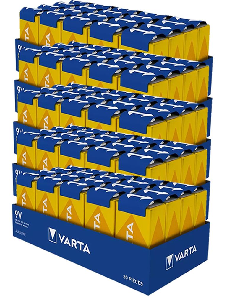 100x Varta Longlife Alkaline 4122-6LR61-9V-E-Block Batterie - Tray