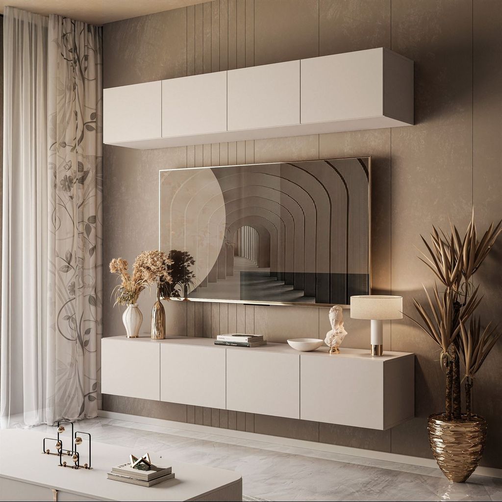 A modern living room with a wall-mounted entertainment unit and a large television.