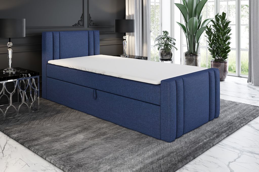 Boxspringbett, Jugendbett KLAUS 80x200 (Links) mit Bettkästen, Bonell-Matratze und Topper. Farbe: Blau.