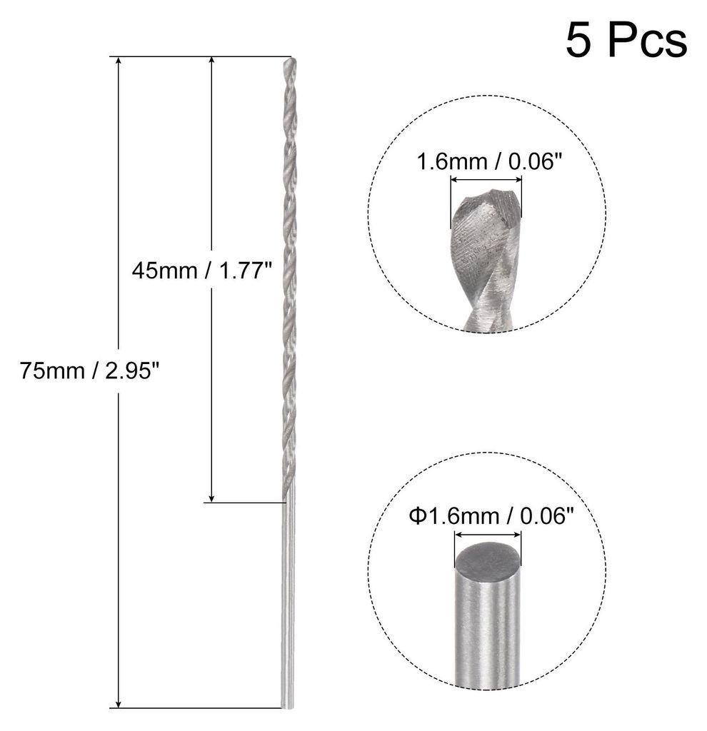 5 Stk. 1.6mm Mini Mikro Spiralbohrer Hochgeschwindigkeitsstahl geradem Schaft Extra lang Metallbohrer 75mm fš¹r Aluminiumlegierung