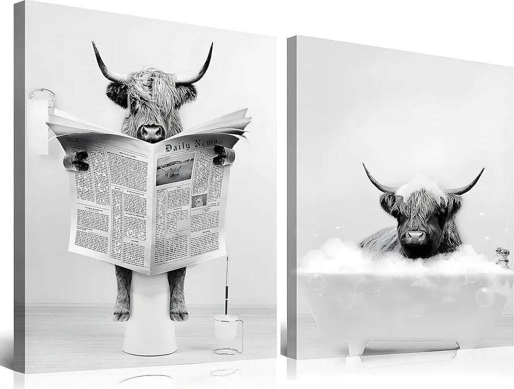 Quadri Mucca Highland Bianco e Nero per Bagno | Set 2 Tele 30x40 cm