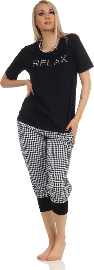 Eleganter Damen kurzarm Pyjama Schlafanzug, Capri Hose im Pepita Look – auch in Übergrössen ; schwarz , 36