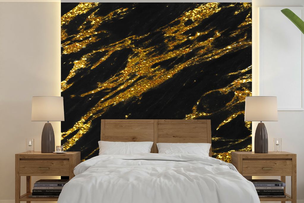 MuchoWow Fototapete für Wohnzimmer oder Schlafzimmer Wandtapete Vinyl Motivtapete Marmor - Schwarz - Gold - 220x220 cm - Tapeten