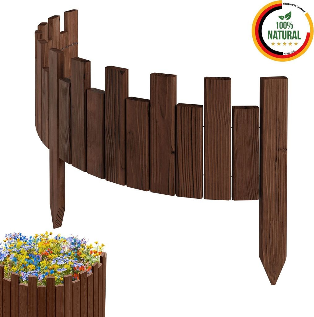 Floranica Beeteinfassung Rasenkante Holz Rollzaun Holzzaun 100 x 20 cm Braun imprägniert Flexible Rollborder Palisade Gartenzaun