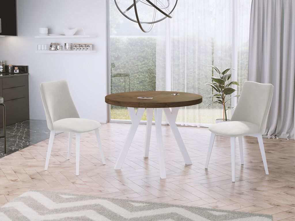 Designer Runder Ausziehbarer Esstisch - Loft-Stil, Industriell, Platzsparend - Weiße Beine - 100 bis 150 cm - für 5-8 Personen - Hergestellt in E...