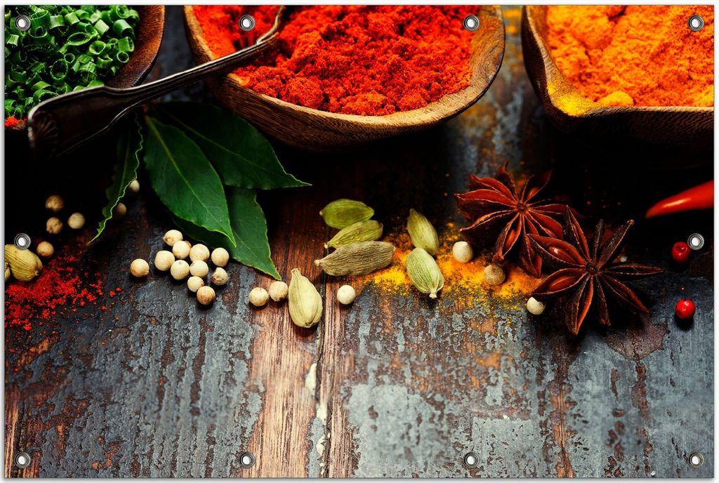 Wallario Outdoor-Poster für Garten oder Balkon, Motiv Gewürze auf Holz - uriger Holztisch in der Küche, in ca. 80 x 120 cm