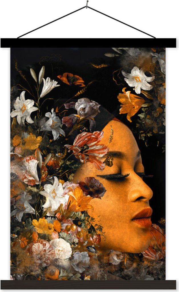 MuchoWow Textilposter Blumen - Frau - Farben 40x60 cm mit schwarzem Rahmen - Wanddekorationen