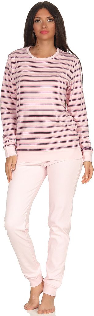Damen Pyjama mit Bündchen in Kuschel Interlock - Streifenoptik - auch in Übergrössen 96121 ; rosa , 44/46