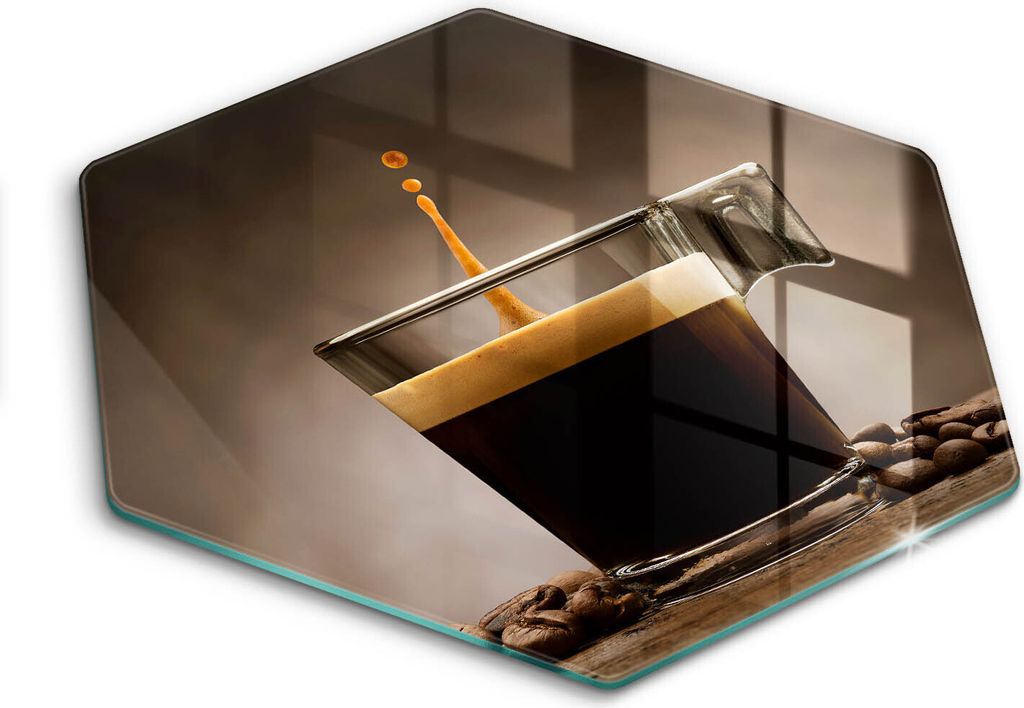 Glasschneideplatte - Herdabdeckplatte - Hexagon 40 cm -Schneidebrett - Spritzschutz - Glas- und Kaffeebohnen