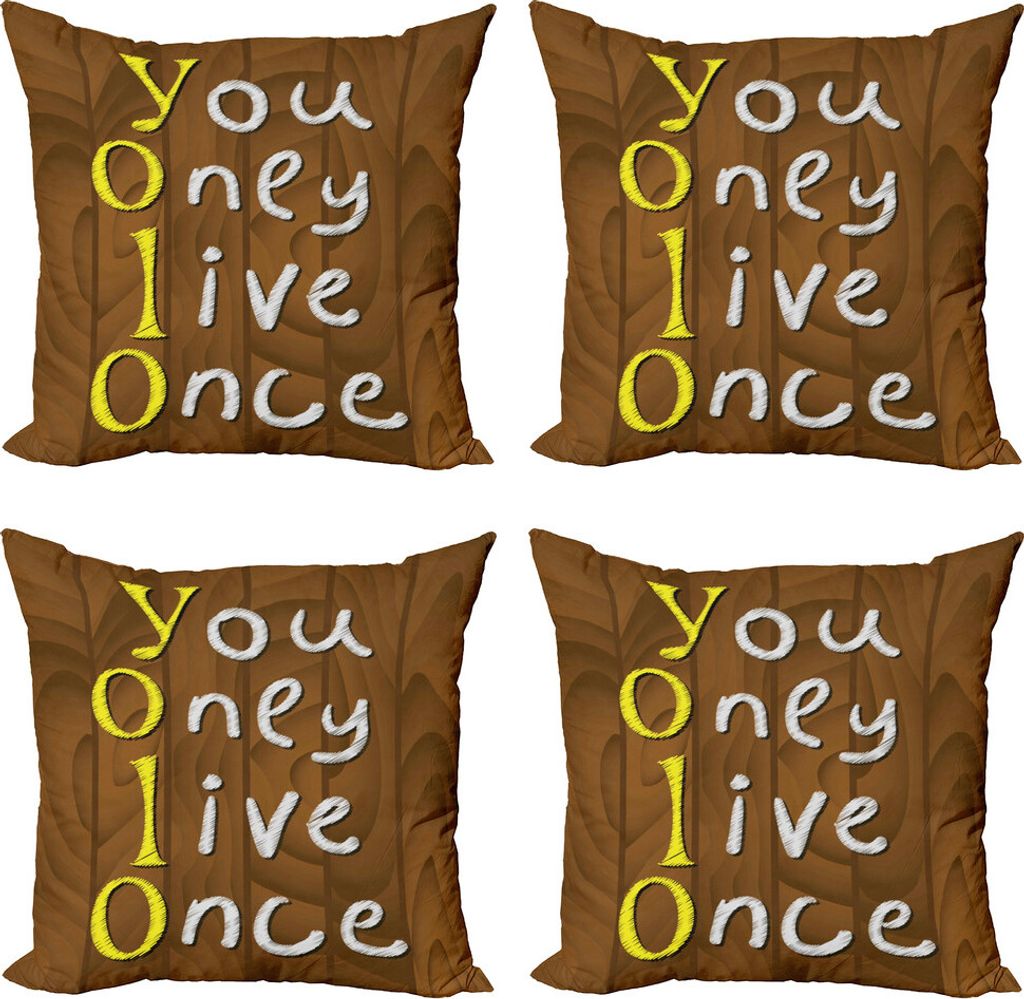 ABAKUHAUS YOLO Kissenbezug Set (4 Stück), Holz Rustikal Brett Wörter, Moderner Doppelseitiger Digitaldruck, 50 cm x 50 cm, Braun, Gelb und Weiß