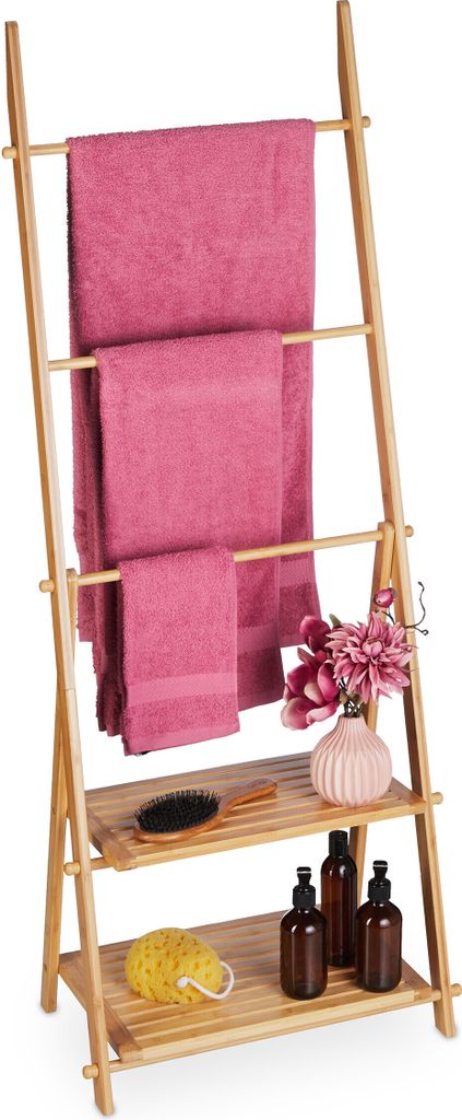 Relaxdays Handtuchleiter Bambus, 3 Stangen, 2 Ablagen, HBT: Produktbild 