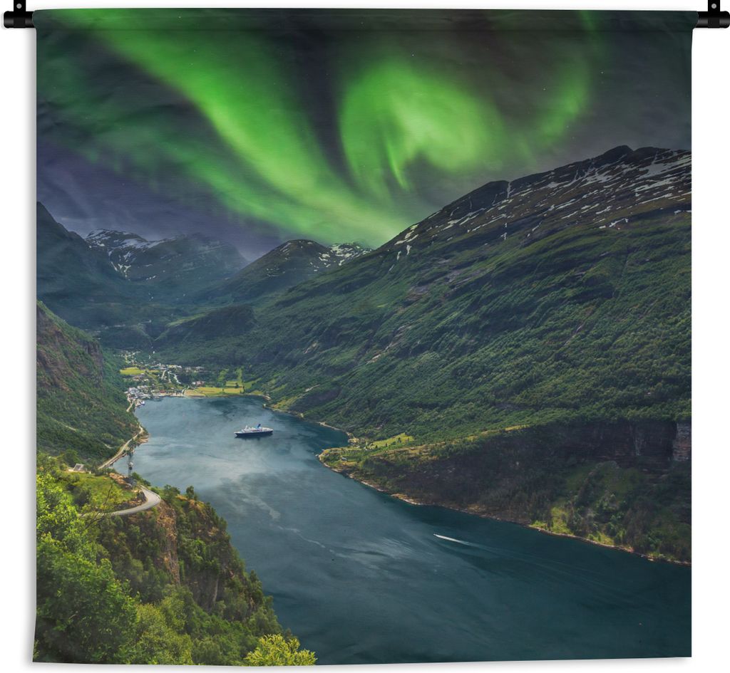 MuchoWow Wandteppich Wandbehang Nordlichter - Berg - Boot - Norwegen 60x60 cm Tapisserie Dekoration Wandtuch - Dekorationen - Wand Decke
