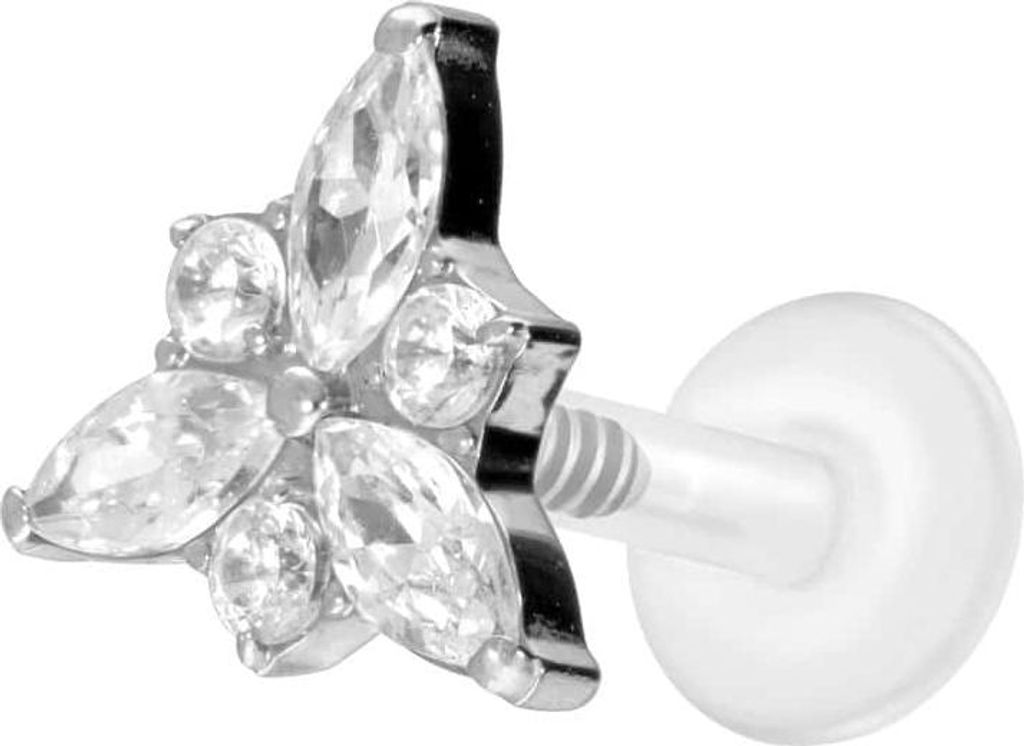Ohrpiercing, Nasenpiercing PTFE Labret mit Innengewinde + Titan-Aufsatz KRISTALLBLÜTE Silber Stablänge: 5mm | Stabstärke: 1,2mm