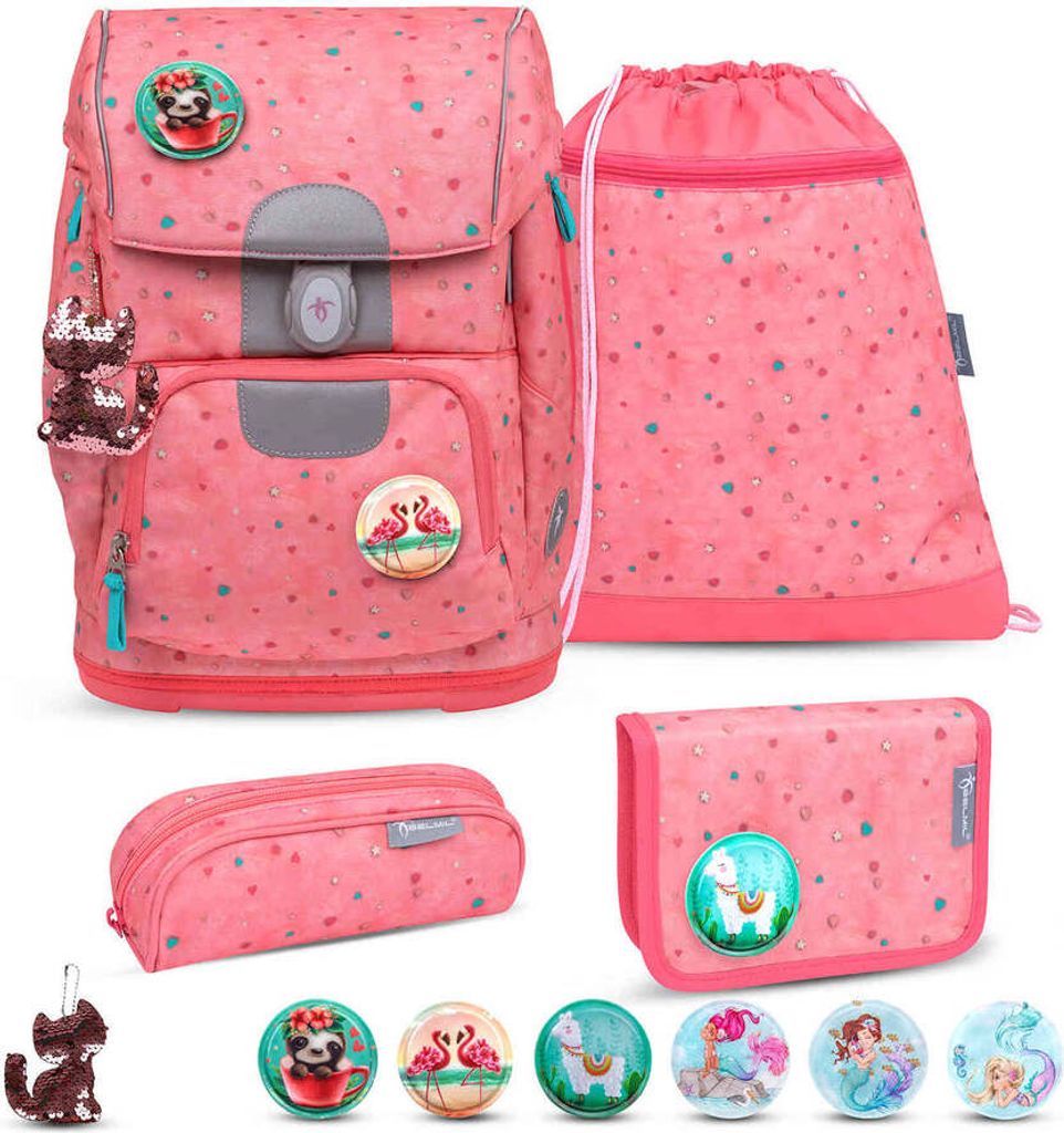 Belmil Motion ergonomisches Schulranzen Set 5-teilig "Blue Bird" aus recyceltem Material mit Brustgurt, Hüftgurt, Magnetverschluss, Patch Set 6 St...