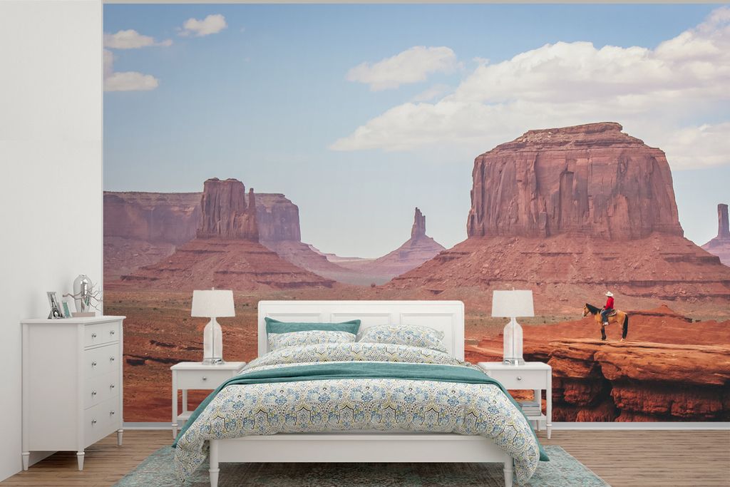 MuchoWow Fototapete für Wohnzimmer oder Schlafzimmer Wandtapete Vinyl Motivtapete Pferd - Cowboy - Landschaft - 390x260 cm - Papiertapete
