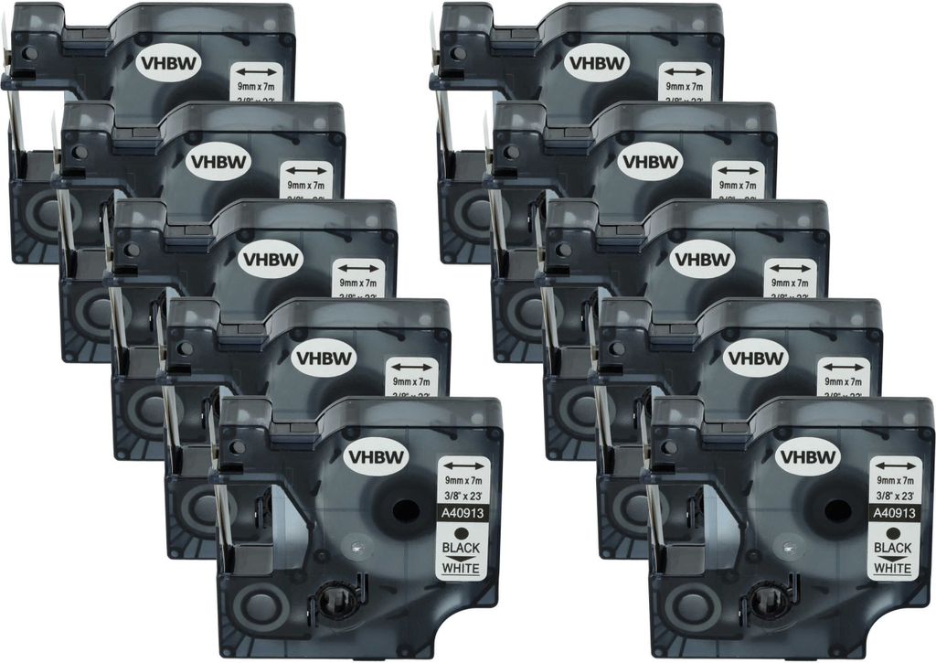 vhbw 10x Schriftband-Kassette kompatibel mit Dymo LabelMaker PC2, PC Etiketten-Drucker 7m x 9mm Schwarz auf Weiß