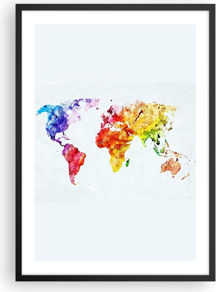 Gerahmtes Poster - Schwarzer Rahmen - Welt Karte Bunt Kontinente - 50x70 cm - Wand Bild - Wanddeko - Wandbilder - Wandposter - Bilderrahmen - Bilde...