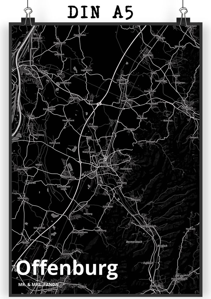 Mr. & Mrs. Panda Bild Offenburg DIN A5 - Geschenk, Stadt, wanddeko, kunstdruck poster, Wandbild, Deko, Dorf Karte Landkarte Map Stadtplan, drucke