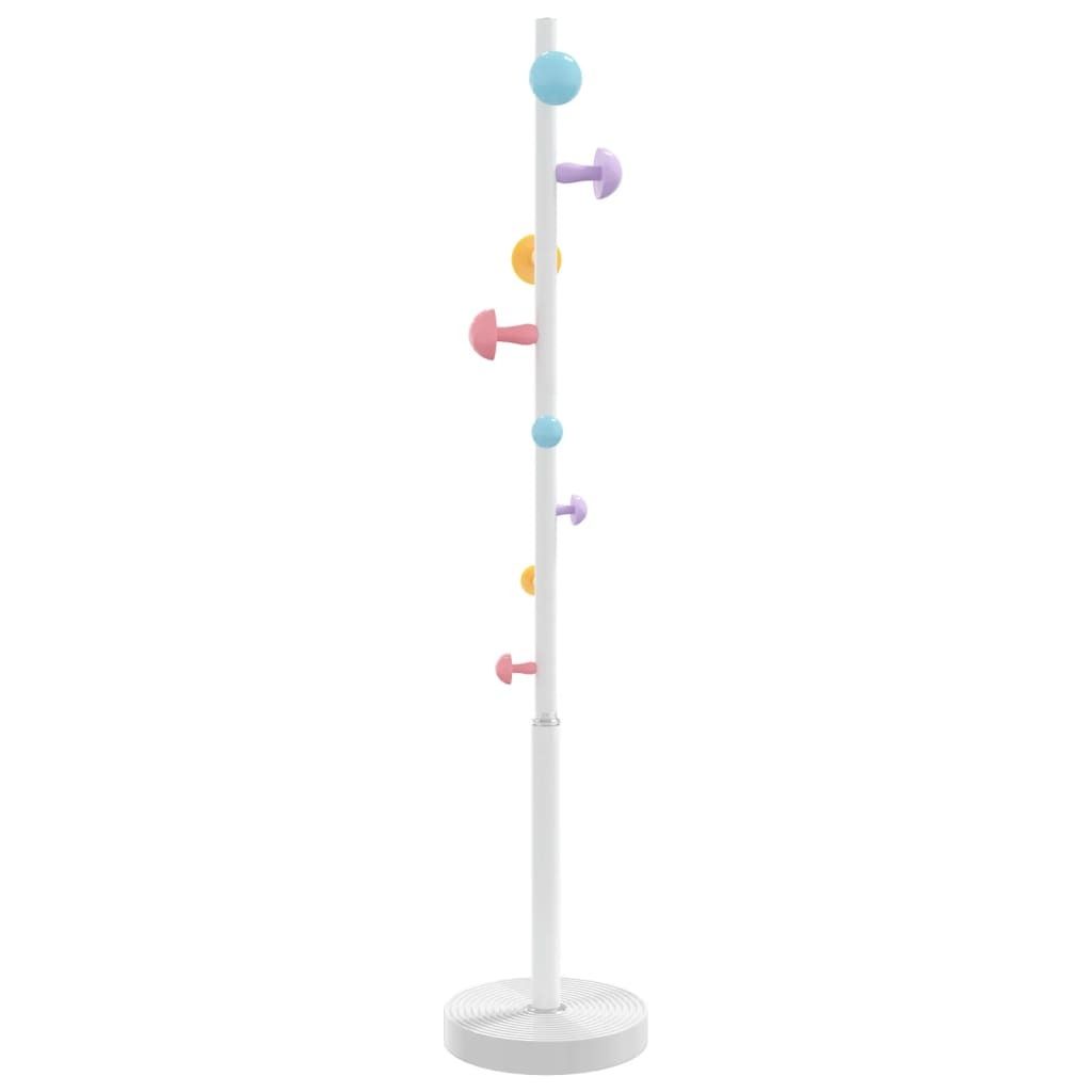A white coat rack with colorful mushroom-shaped hooks against a white background.