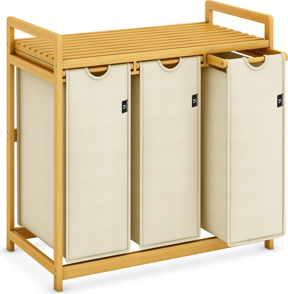 AdelDream Cesto Biancheria Design: 3 Scomparti in Bambù e Tessuto