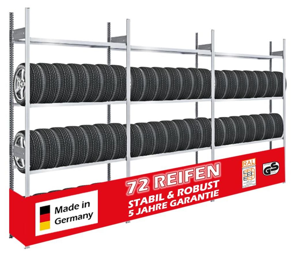 Reifenregal TIRE PRO Germany | Komplettregal | HxBxT 250x450x43cm | 150kg Fachlast | bis zu 72 Reifen auf 4 Ebenen | Verzinkt