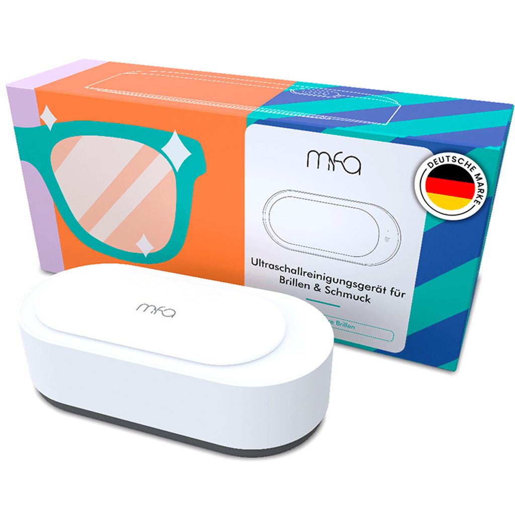 A white ultrasonic cleaning device for glasses and jewelry is shown next to its colorful packaging.
