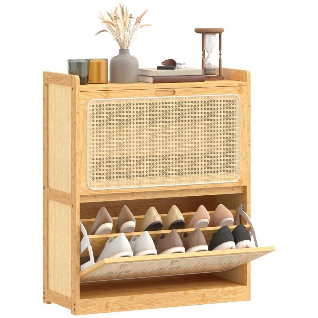 Schuhregal – Schmale Bambus-Schuhablage – Schuhregal für den Eingangsbereich – Mit zwei Schubladen – 69 x 29 x 83 cm – Holzfarbe