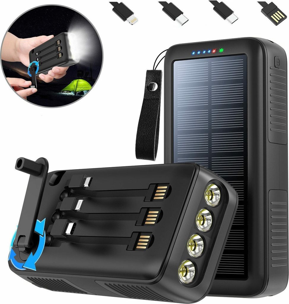 Powerbank, Wireless Solar Powerbank 20000mAh Solar Ladegerät Powerbank (4 LEDs, Taschenlampe, Handkurbel, Powerbank V),