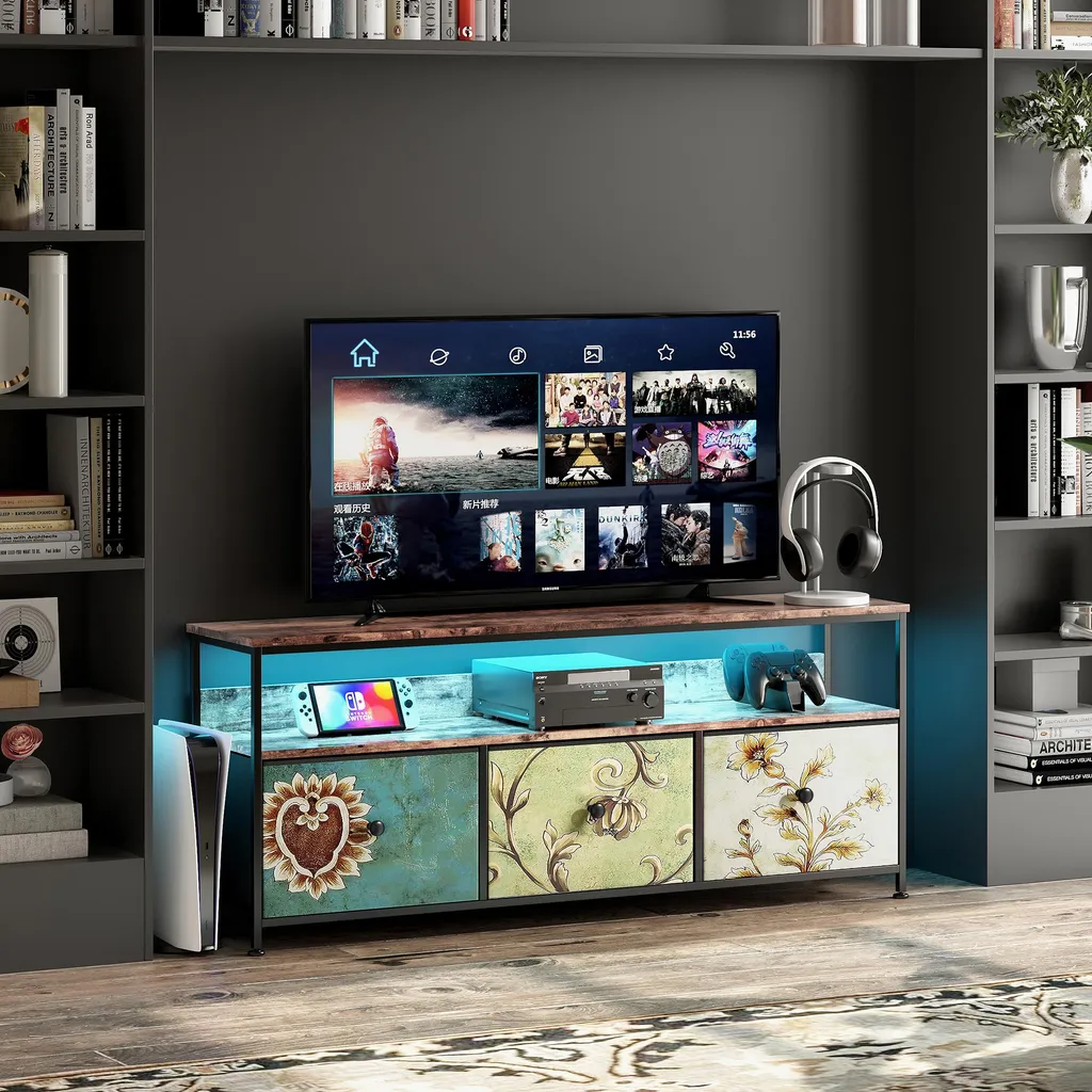 Porta TV con illuminazione LED, 108 x 30 x 57 cm, 3 cassetti, vani a giorno, per il soggiorno