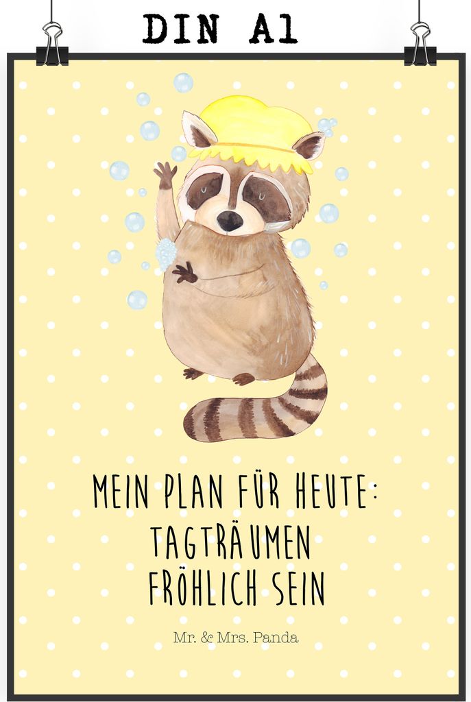 Mr. & Mrs. Panda Bild Waschbär DIN A1 - Gelb Pastell - Geschenk, Kunstdruck, Waschen, Fröhlich, Seifenblasen, Plan, drucke, Tagträumen, Lustige ...