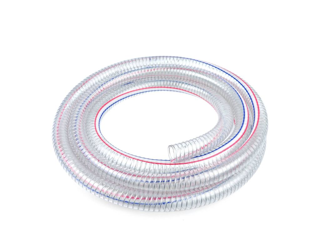A coiled clear hose with red and blue stripes on a white background.
