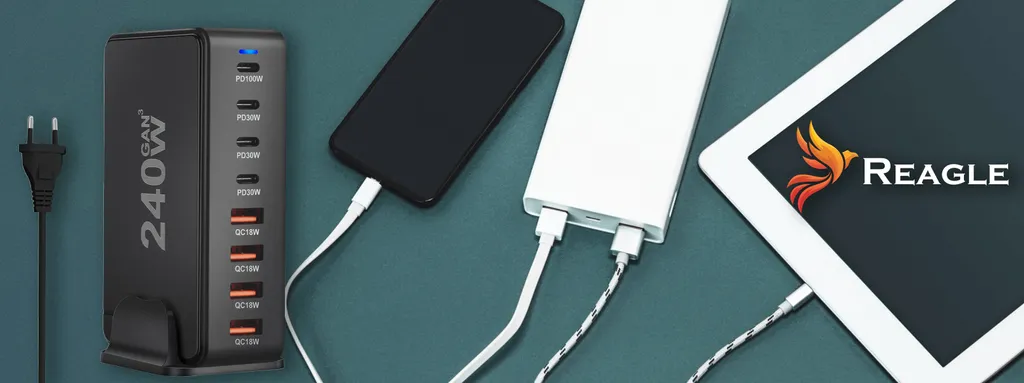 Caricabatterie USB C 200W GaN III – 6 Porte (4C+2A) Con Cavo 100W Da 1,5m Per Laptop, IPhone E Tablet, Nero