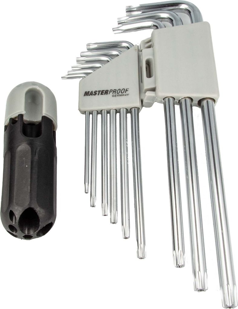 A set of Torx keys with a holder and a separate handle.