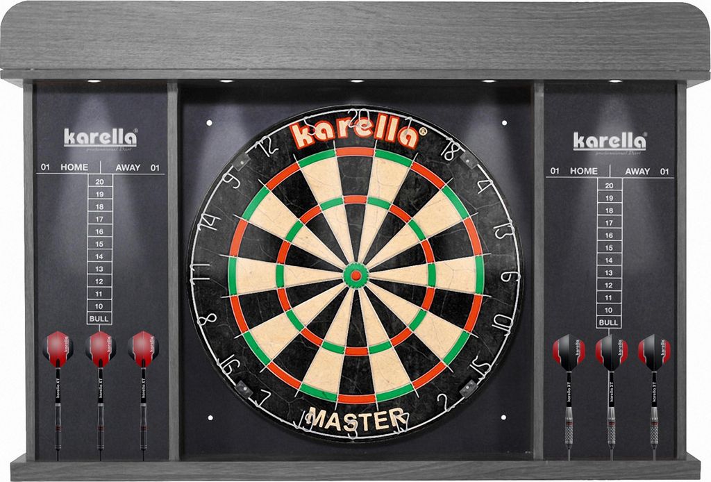A dartboard cabinet with a dartboard and scorecards displayed.