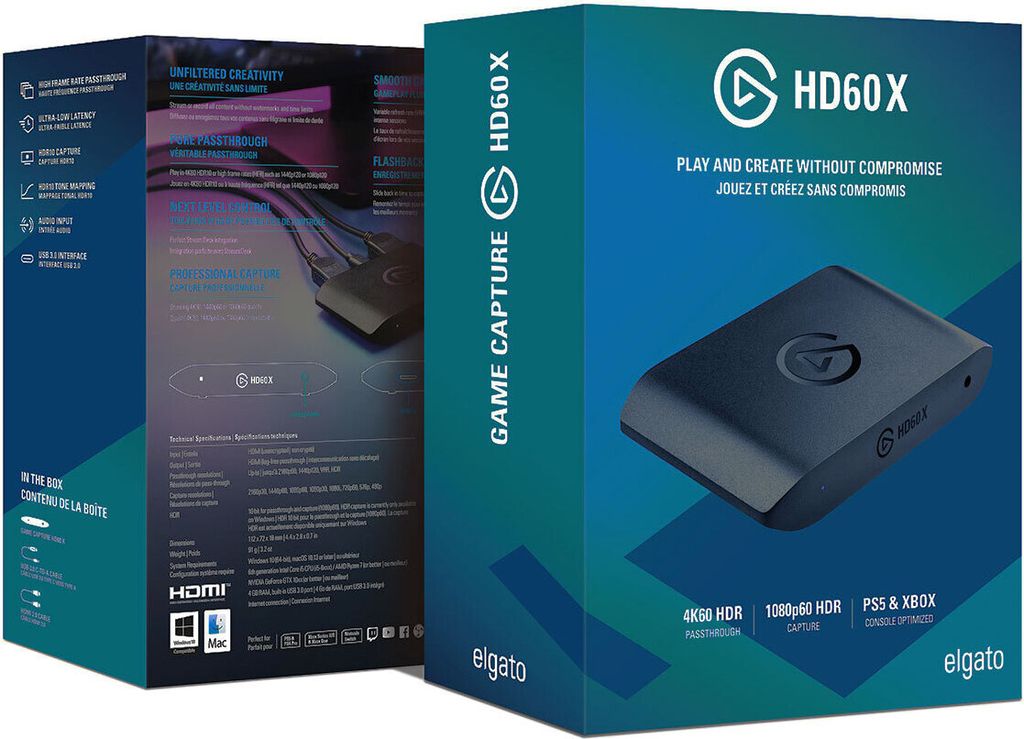 The image shows the front and back of the Elgato Game Capture HD60 X product packaging.