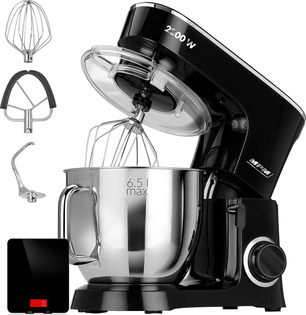 MPM MRK-19B Knetmaschine Küchenmaschine, 6,5 L Edelstahlschüssel, 6 Geschwindigkeiten Schwarz / Edelstahl