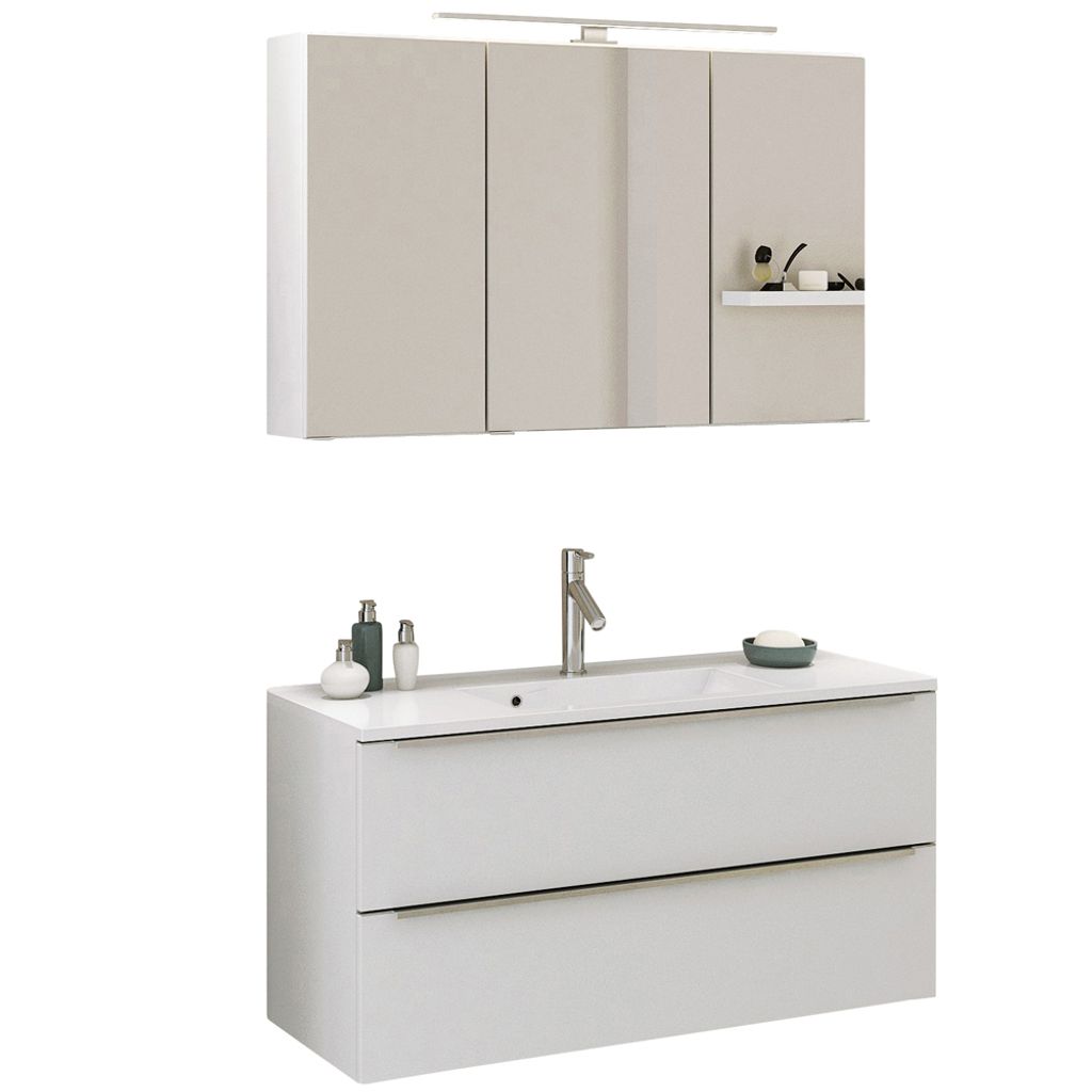 Waschtisch-Set 100 cm in Matt weiß GHOM-03 mit LED-Spiegelschrank, B/H/T ca. 100/200/48 cm