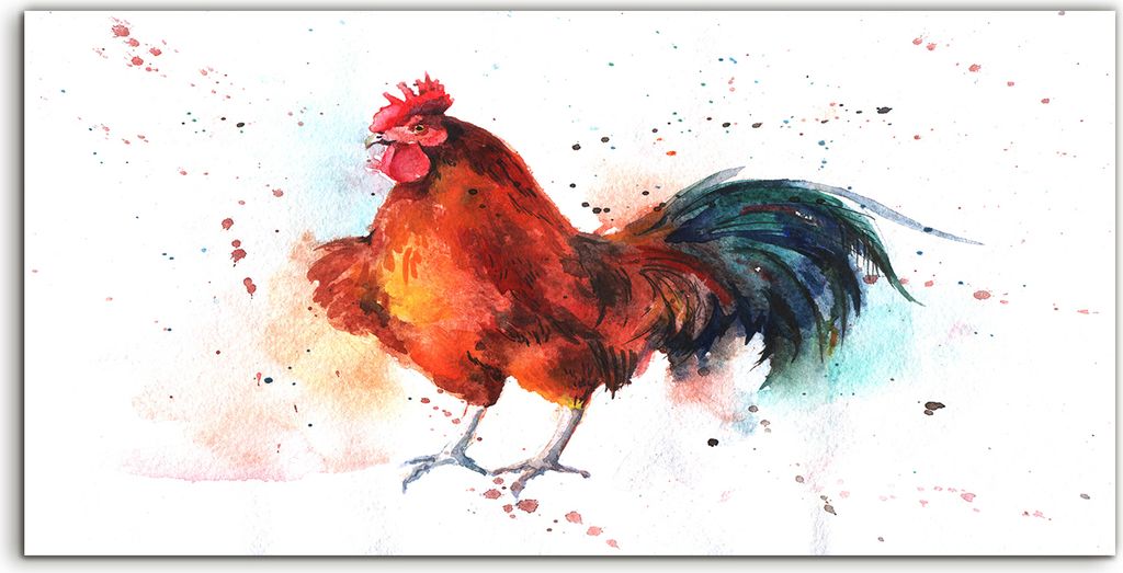 Coloray Glasbild 140x70 Wandbild Glasbilder Kunstdruck Hahn Huhn Farbe bunte Vogel