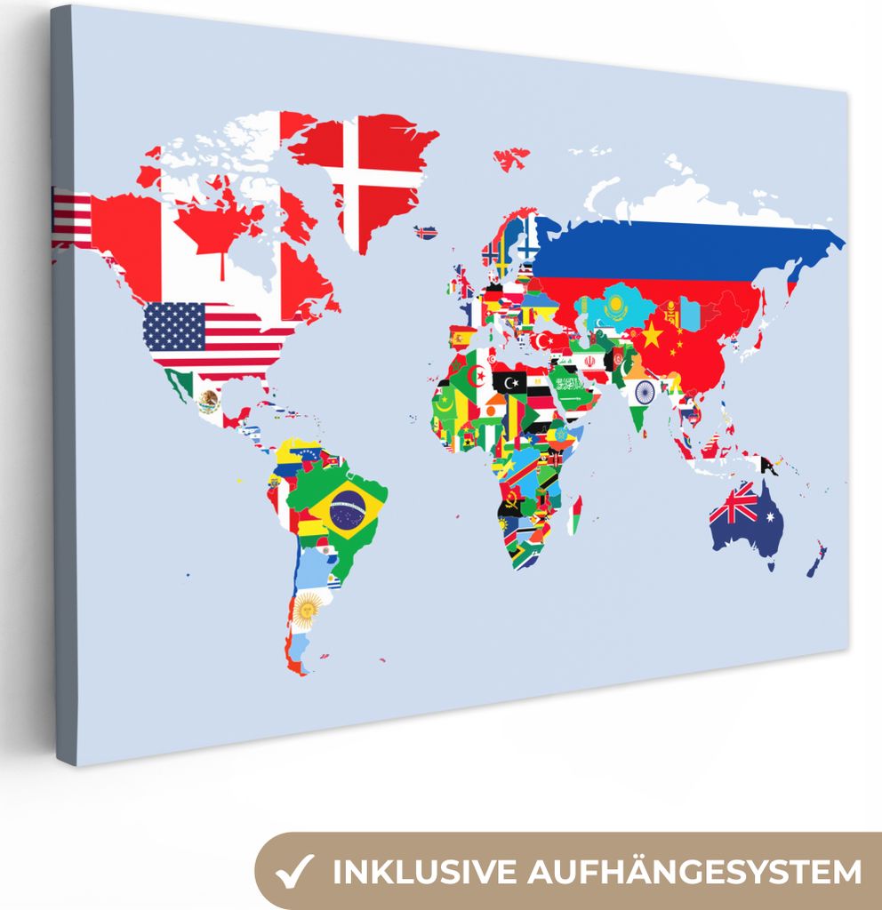 OneMillionCanvasses - Leinwandbilder - 150x100 cm, Welt - Karte - Flagge - Länder, Wandbilder Kunstdruck Wanddekoration