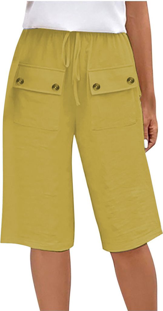 ASKSA Damen Leinen Shorts Sommer Knielang Kurze Hosen mit Taschen Stoffhose Laessig Elastische Taille Strandshorts (Gelb,XXL)