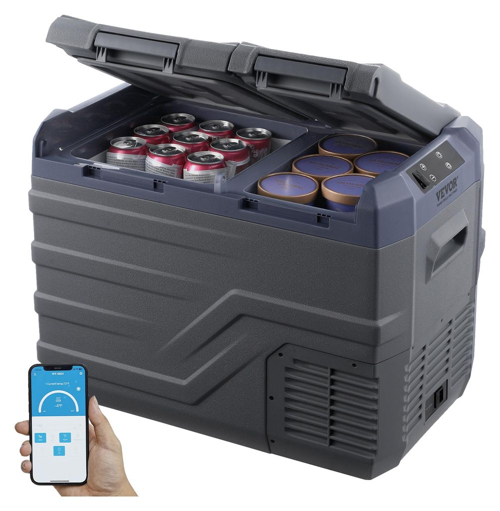 A portable car refrigerator with its lid open, showing cans and containers inside. A smartphone displaying a temperature control app is held in the foreground.