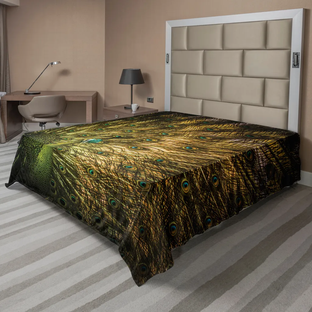 Drap Plat Paon Décoratif en Tissu Doux, Linge de Lit XL Vert Moutarde