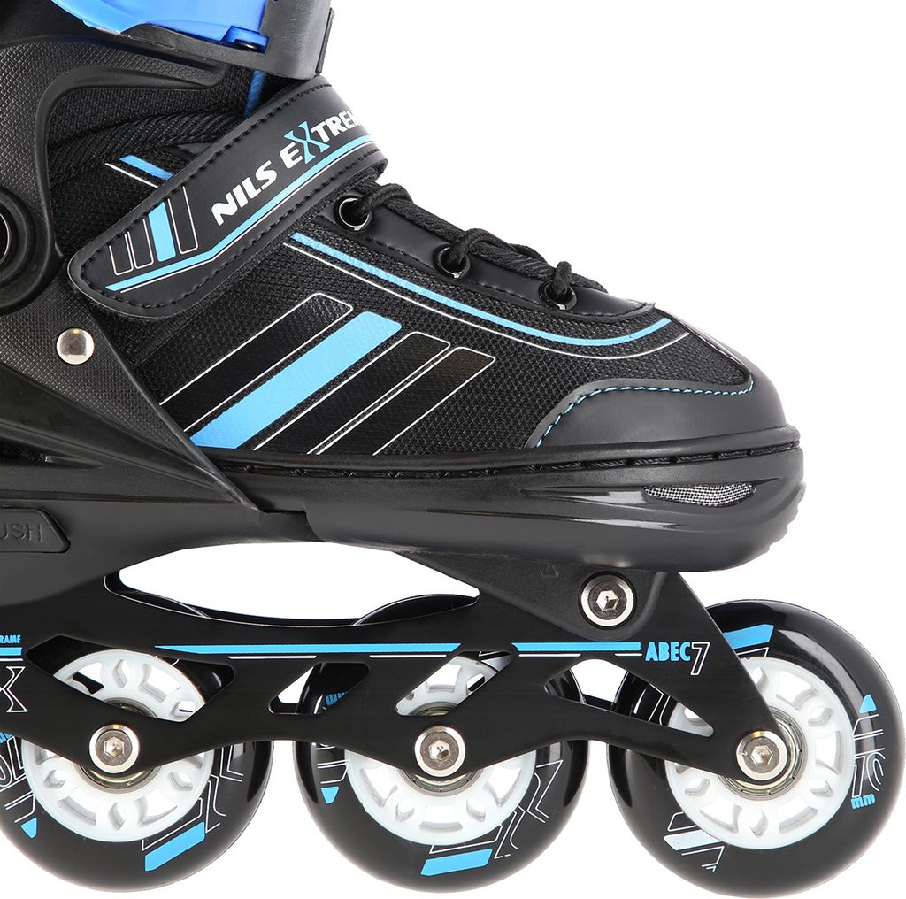 Close-up view of a black and blue inline skate.