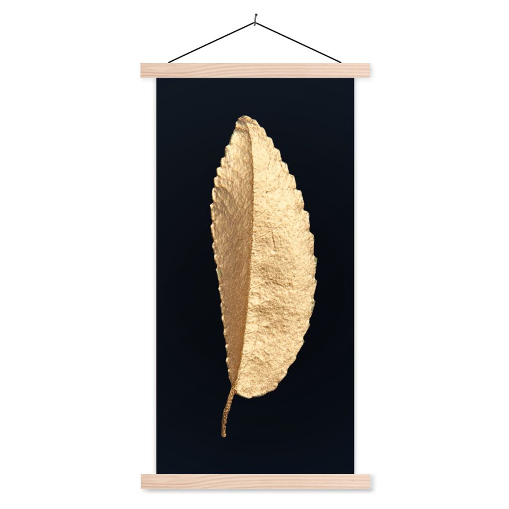 MuchoWow Textilposter Blätter - Schwarz und Gold - Luxus - Chic - Natur 40x80 cm mit holzfarbenen Rahmen - Wohnzimmer