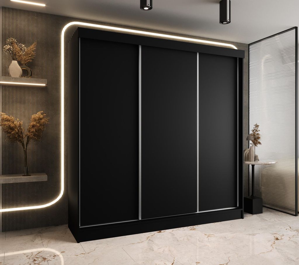 Raummeister Schwebetürenschrank 3D (3-türig) 170 cm - Schwarz - Front Platte - Schubladen 4