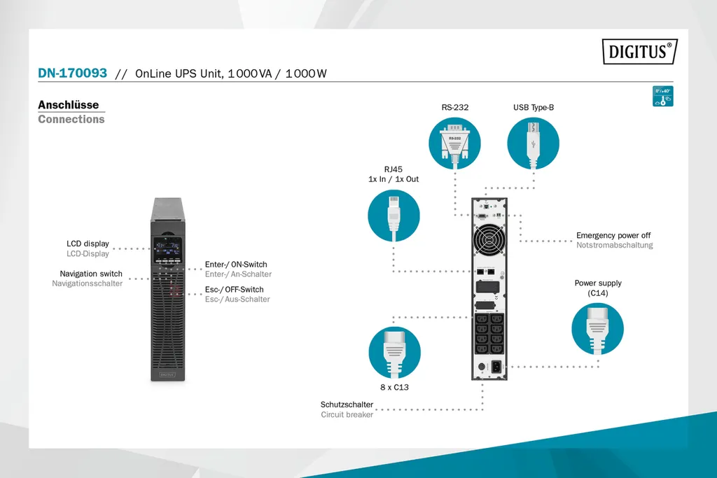 Onduleur Rackable 19'' Digitus 1000W Online Double Conversion 2HE - 3