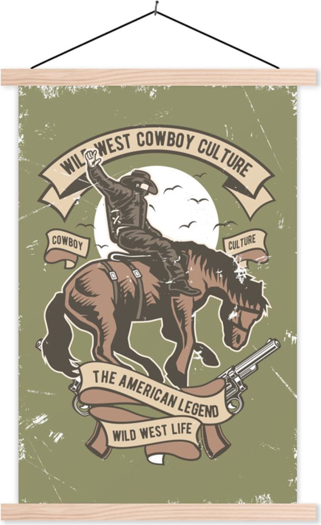 MuchoWow Textilposter Pferd - Cowboy - Vintage - Zeichnung 40x60 cm mit holzfarbenen Rahmen - Poster