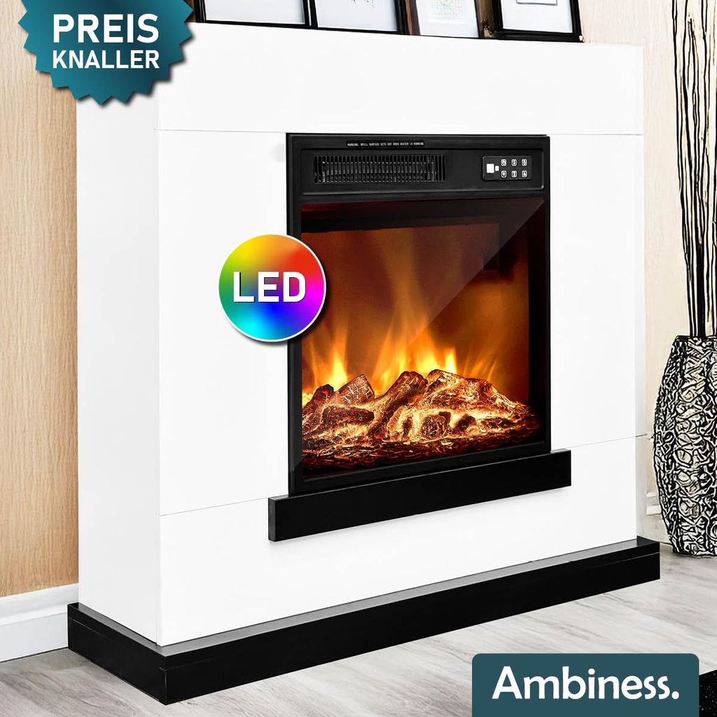 A white electric fireplace with a realistic flame effect and LED lighting.