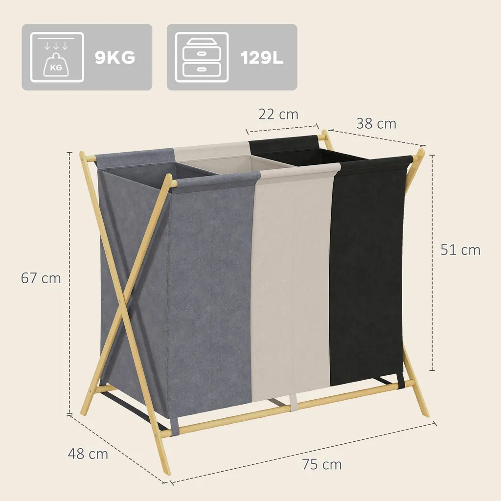 Panier à linge pliable 3 compartiments avec structure en bambou Multi - 3