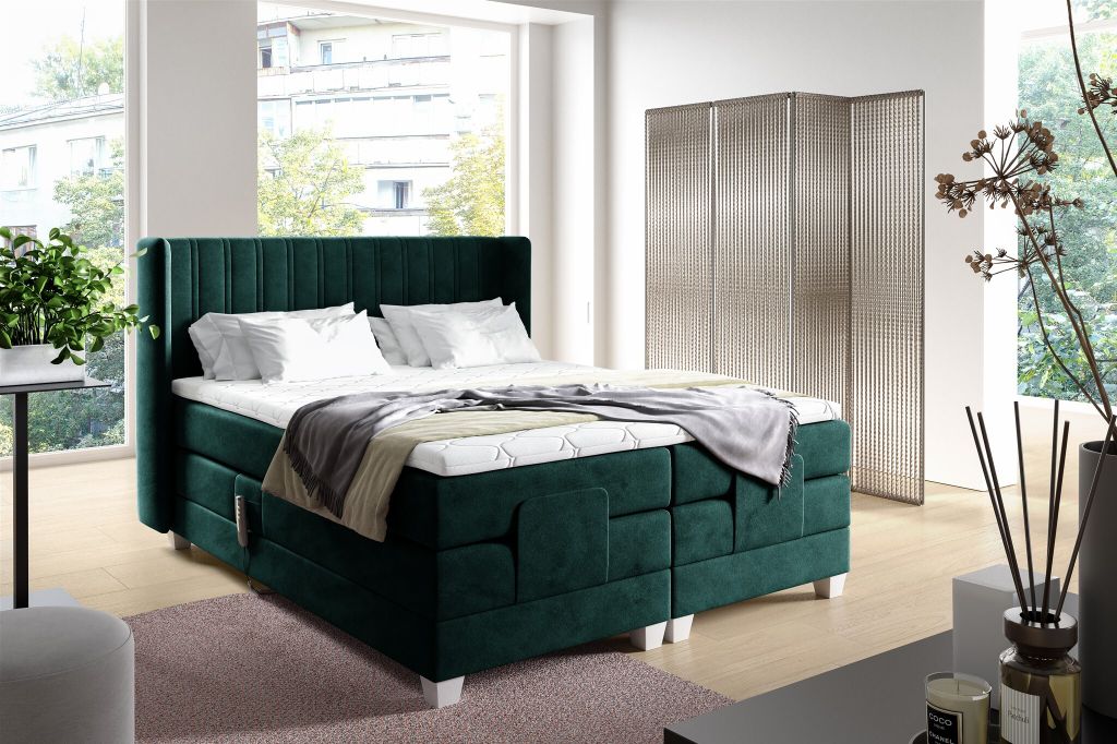Boxspringbett Elektrisch Bett MAGNUS 140x200cm in Stoff Salvador Flaschengrün